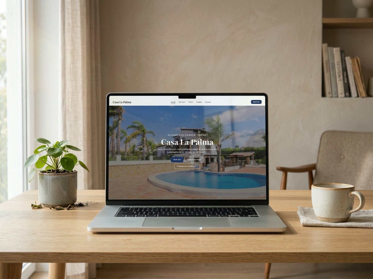 Casa La Palma website getoond op een laptop in een rustige werkruimte