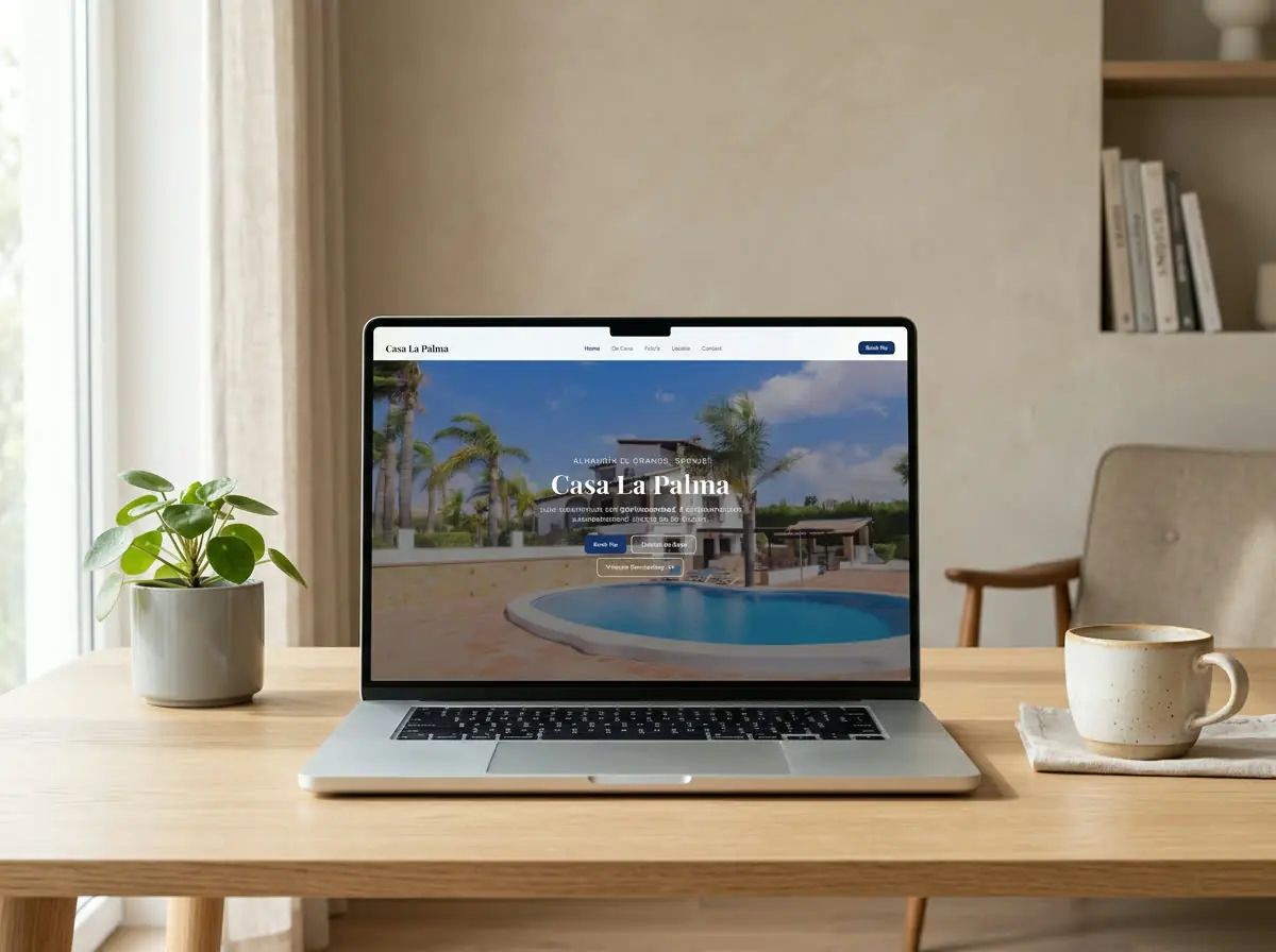 Casa La Palma website getoond op een laptop in een rustige werkruimte